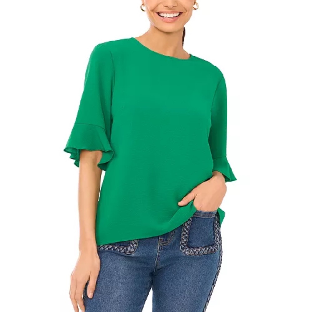 Cece Women’s Elbow Ruffle Cuff Crew Neck Blouse Rush Green Size S